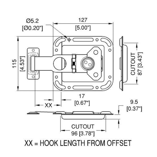 Fermoir encastré papillon avec lame rabattante L0747/64Z plan technique