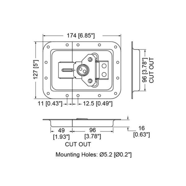 Fermoir encastré grand modèle cadenassable L935/537Z plan technique