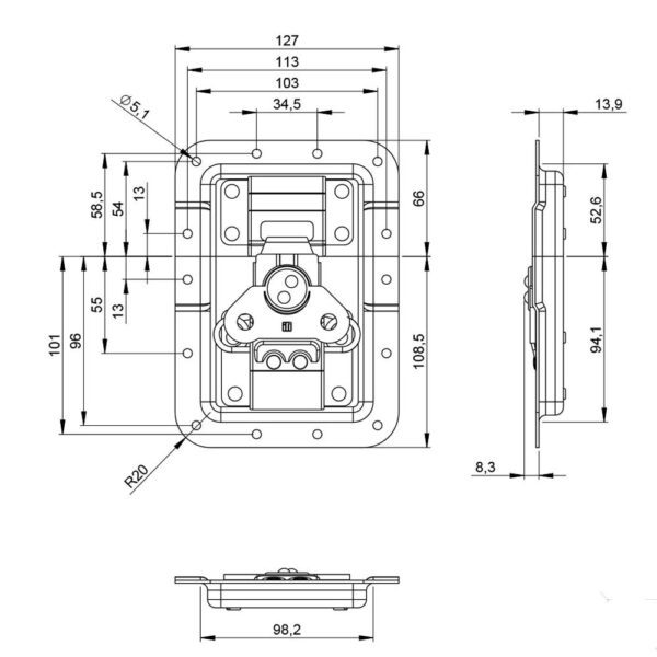 Fermoir papillon V3 grand modèle avec passage de profilé 172511 dessin technique