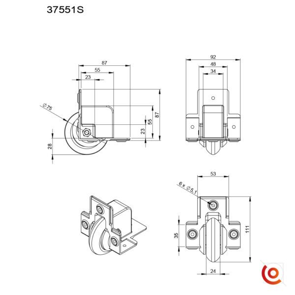 Roulette encastrable 75 mm pour flight case 37551 S dessin technique