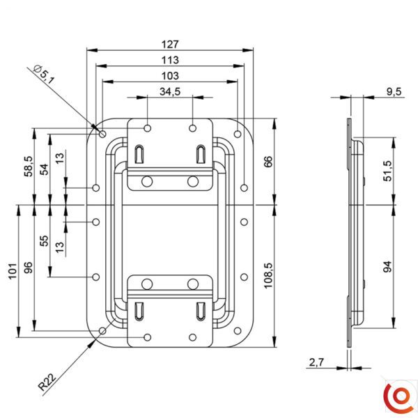 Arrêtoir de Couvercle grand sans Passage de Profilé pour flight cases 27082 dessin technique