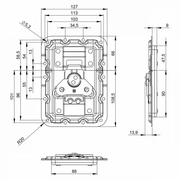 Fermoir papillon encastré V3 9 mm 172572 accessoire de flycase plan technique