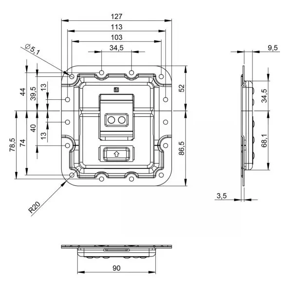 Fermoir papillon encastré Claplock 17500 pour flycase plan technique