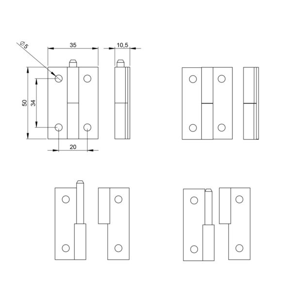 Charnière dégondable pour montage vertical côté gauche plan technique