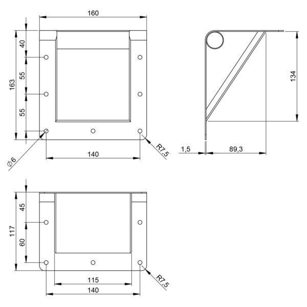 poignée d'angle encastrable 3405 plan technique