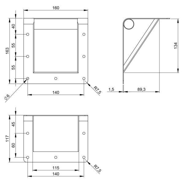 poignée d'angle encastrable 3405 plan technique