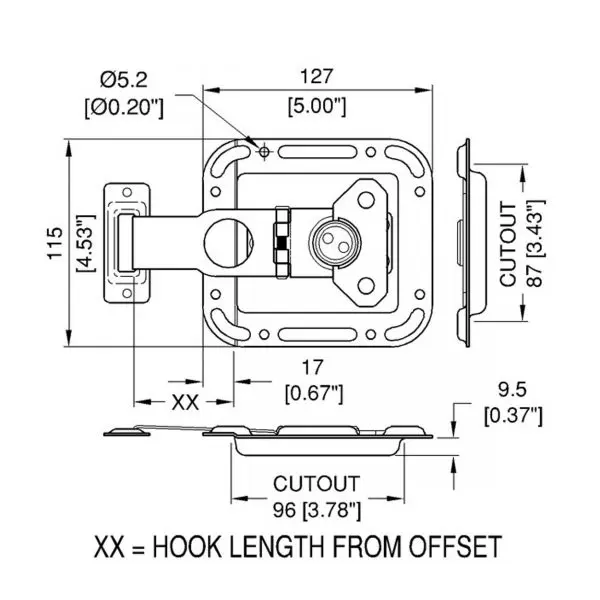 Fermoir encastré papillon avec lame rabattante L0747/64Z plan technique