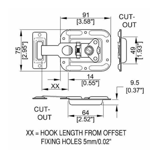 Fermoir encastré papillon avec lame rabattante L0737/64Z petit modèle plan technique