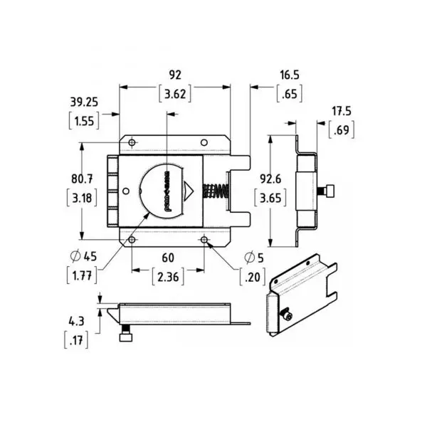 Fermoir capot plat sans serrure avec support L2471 plan technique