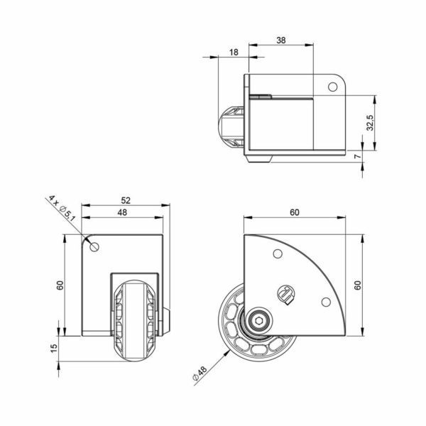 Roulettes de coin de flycase 37600 petit modèle plan technique