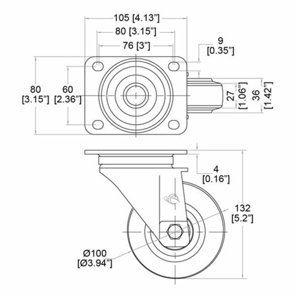 roulette pivotante de 100 mm de diametre avec frein accessoire de flycase plan technique