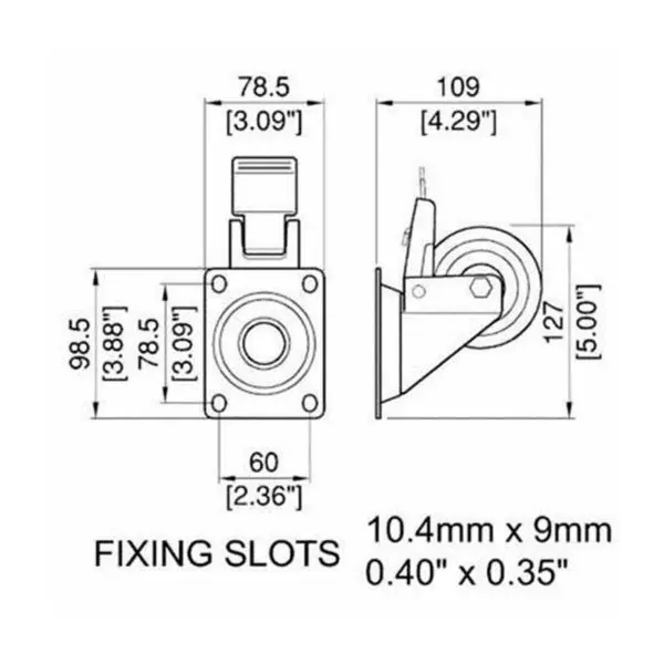 roulette pivotante de 80 mm de diametre avec frein accessoire de flycase plan technique