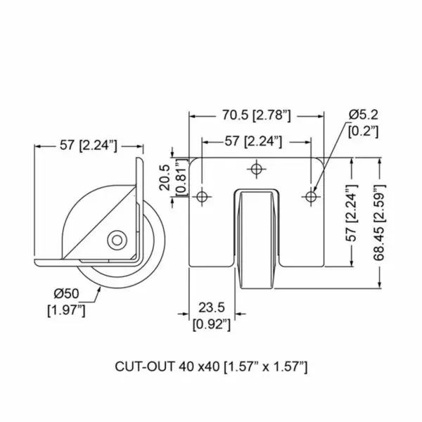 Roulette à encastrer w2201 accessoire de flycase plan technique