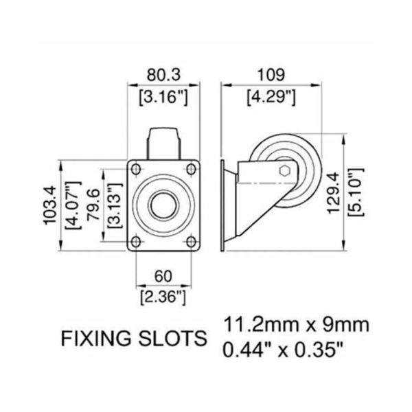 roulette pivotante de 80 mm de diametre sans frein accessoire de flycase plan technique