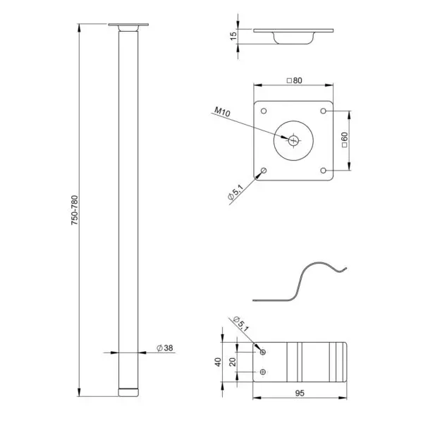 Pieds de table réglable 87990 adam hall pour flycase plan technique