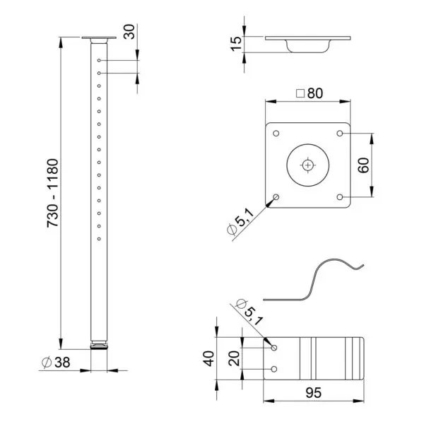 Pieds de table ajustable en hauteur 87991 adam hall pour flycase plan technique