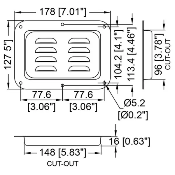 cuvette d'aération horizontale grand modele d0506/07z dessin technique