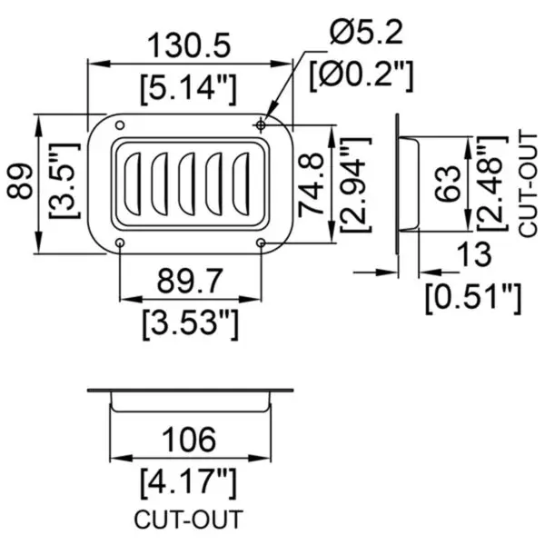 cuvette d'aération verticale petit modèle d0516/07z argent plan technique