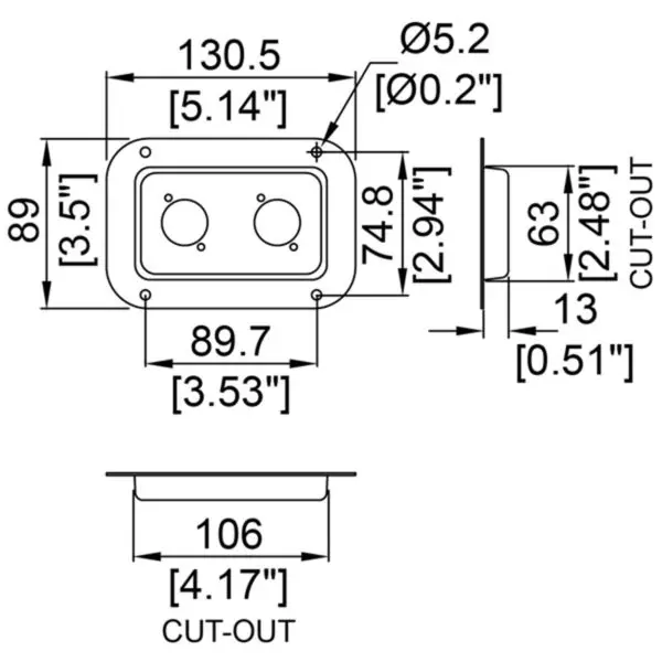 cuvette pour 2 connecteurs XLR D0604z plan technique