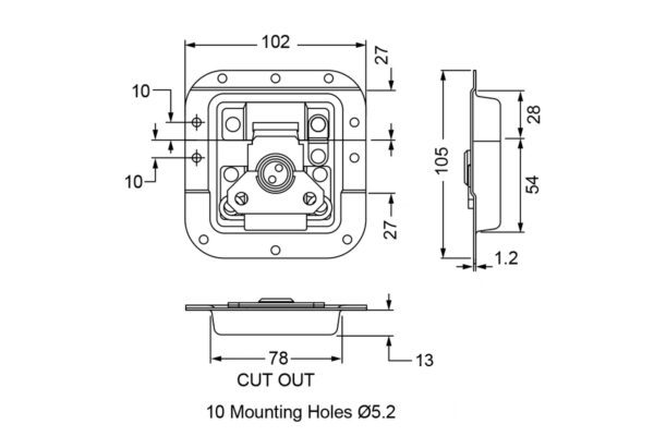 Fermoir papillon medium automatique cadenassable L907/928PBz dessin technique