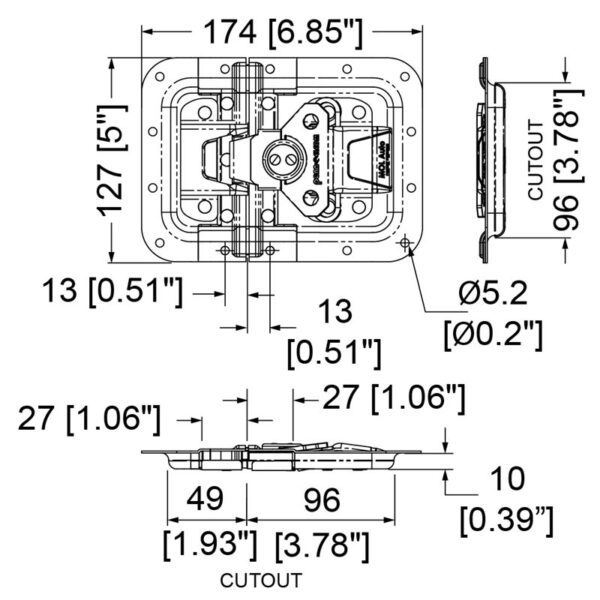 Fermoir papillon résistant à l'eau grand modèle MOL3-DW dessin technique