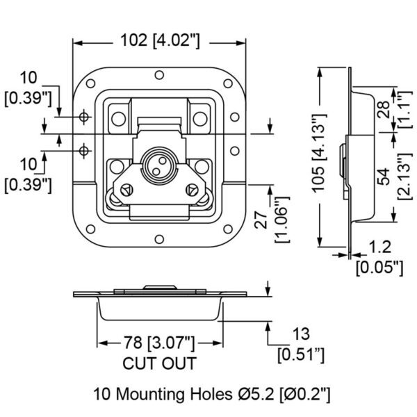 Fermoir papillon automatique encastré avec passage de profilé L9075-928z dessin technique