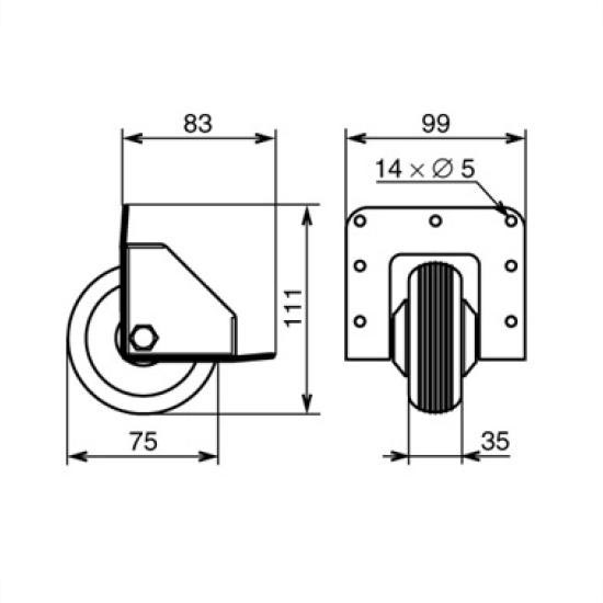 Roulette pivotante sans frein de 75 mm