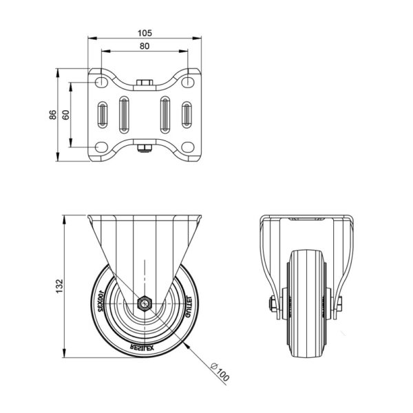 Roulette fixe diamètre 100 mm dessin technique