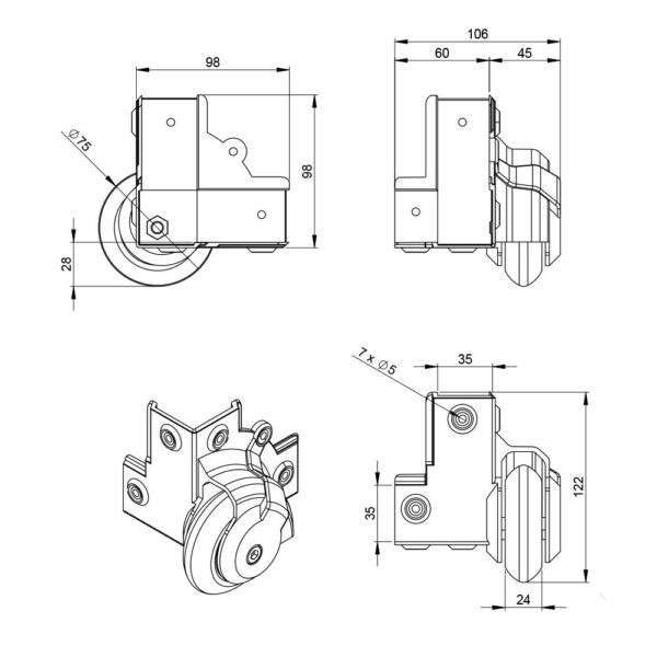 Roulette en aluminium de coin diamètre 75 mm dessin technique