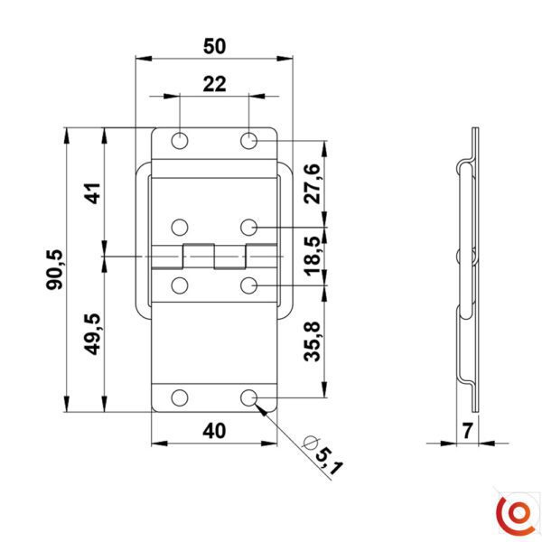Charnière à Butée grande pour flight cases 2524 dessin technique
