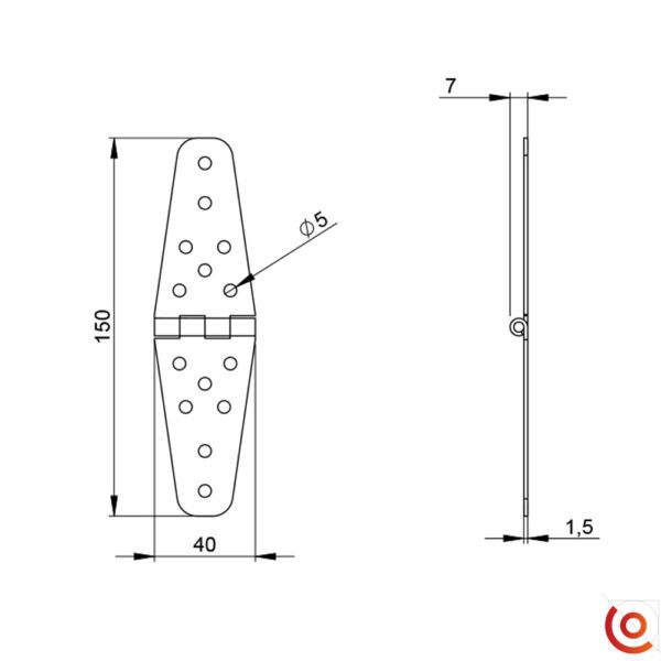 Grande charniere pour la fabrication de flight cases 2651 dessin technique