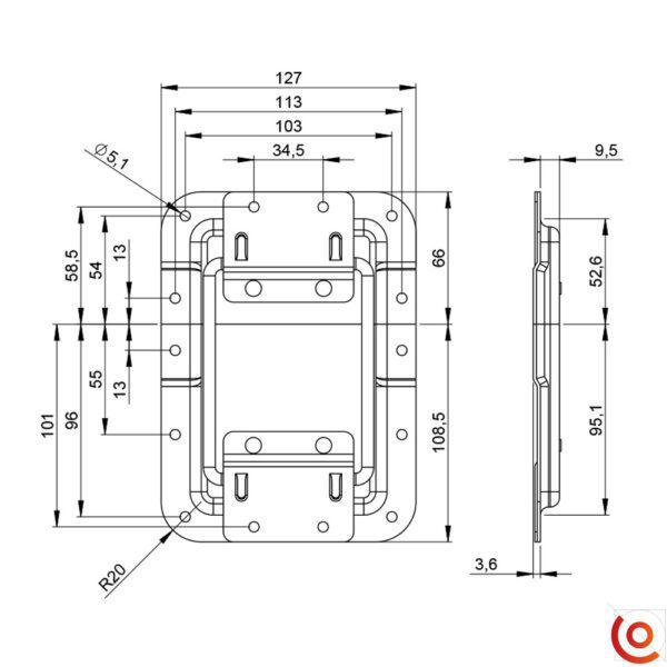 Arrêtoir de Couvercle grand avec Passage de Profilé pour vos flight cases 27083 dessin technique