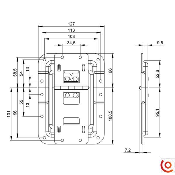 Arrêtoir de couvercle grand charnière avec Passage de Profilé pour flight cases 270836 dessin technique